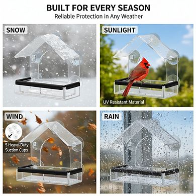 Outdoor Clear Window Bird Feeder, Sturdy Acrylic with 5 Suction Cups for Garden
