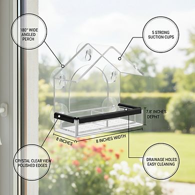 Outdoor Clear Window Bird Feeder, Sturdy Acrylic with 5 Suction Cups for Garden