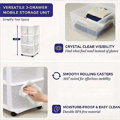 Rolling Storage Cart 3 Tier with Clear Bin Drawers Removable Wheels