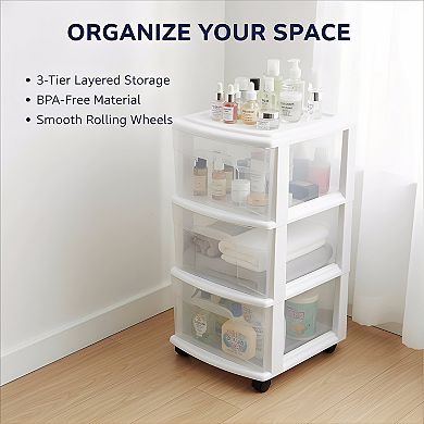 Rolling Storage Cart 3 Tier with Clear Bin Drawers Removable Wheels