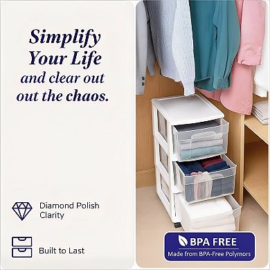 Rolling Storage Cart 3 Tier with Clear Bin Drawers Removable Wheels