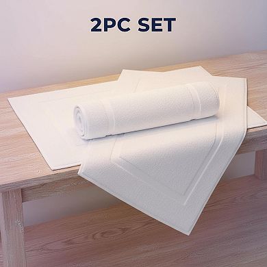 2-Piece White Cotton Bath Mats Set Soft Absorbent Reversible Quick-Dry