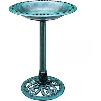 Outdoor Green Bird Bath Solar Fountain Combo, Antique Polyresin Garden Decor