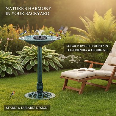 Outdoor Green Bird Bath Solar Fountain Combo, Antique Polyresin Garden Decor