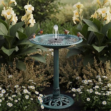 Outdoor Green Bird Bath Solar Fountain Combo, Antique Polyresin Garden Decor