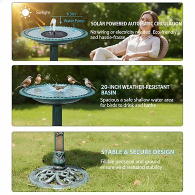 Outdoor Green Bird Bath Solar Fountain Combo, Antique Polyresin Garden Decor