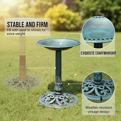 Outdoor Green Bird Bath Solar Fountain Combo, Antique Polyresin Garden Decor
