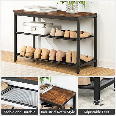 Shoe Bench with Mesh Shelves 3 Tier Industrial Entryway