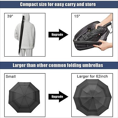 62" Windproof Double Canopy Umbrella, Reverse Automatic Open Close Large
