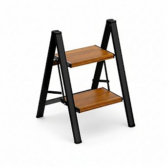 Black Woodgrain Aluminum Folding Step Stool 330lb, Wide Non-Slip Pedal