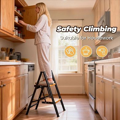 Black Woodgrain Aluminum Folding Step Stool 330lb, Wide Non-Slip Pedal