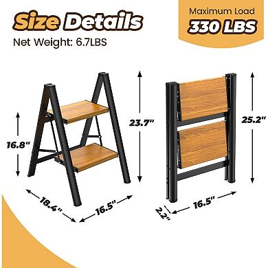 Black Woodgrain Aluminum Folding Step Stool 330lb, Wide Non-Slip Pedal