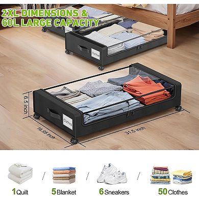 Under Bed Storage with Wheels and Lids 2 Pack Rolling Bins
