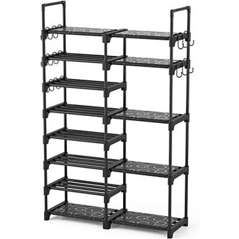 Metal Shoe Rack 8 tier Tall Storage with 15 Hooks for Closet
