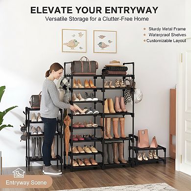 Metal Shoe Rack 8 Tier Tall Storage with 15 Hooks for Closet