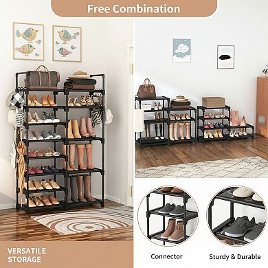 Metal Shoe Rack 8 Tier Tall Storage with 15 Hooks for Closet