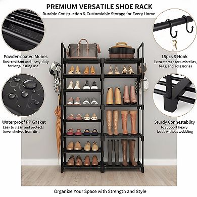 Metal Shoe Rack 8 Tier Tall Storage with 15 Hooks for Closet