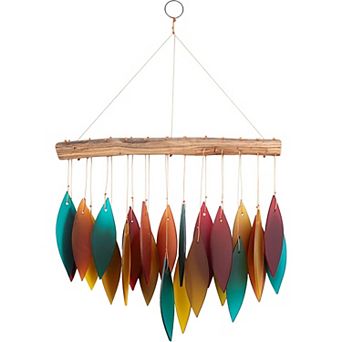 Blue Santa Fe Glass Wind Chime, Sandblasted Glass Found Wood Handcrafted