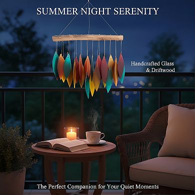 Blue Santa Fe Glass Wind Chime, Sandblasted Glass Found Wood Handcrafted