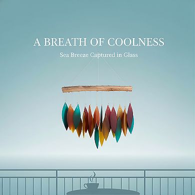 Blue Santa Fe Glass Wind Chime, Sandblasted Glass Found Wood Handcrafted