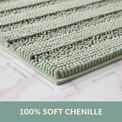 Sage 2 Piece Chenille Bath Mat Set Extra Thick Striped Non Skid Absorbent