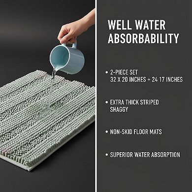 Sage 2 Piece Chenille Bath Mat Set Extra Thick Striped Non Skid Absorbent