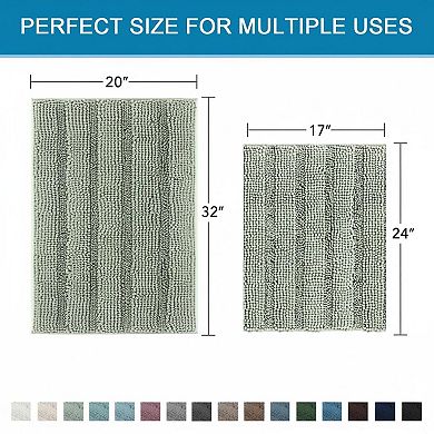 Sage 2 Piece Chenille Bath Mat Set Extra Thick Striped Non Skid Absorbent