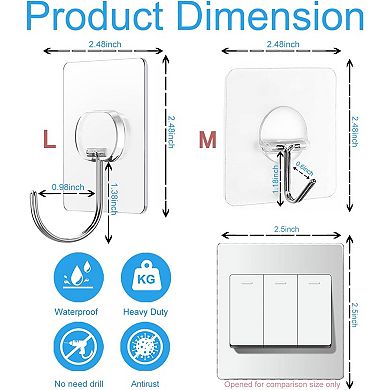 Heavy Duty Waterproof Adhesive Hooks 12 Pack, Clear Large Stick-On for Towels