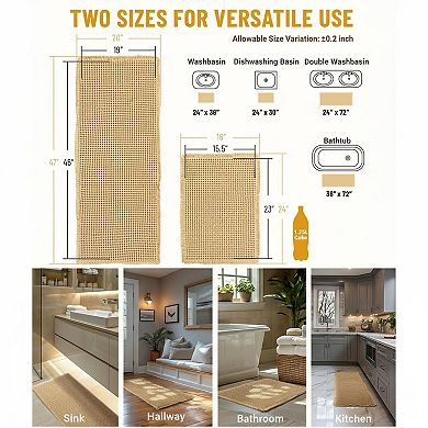 2 Piece Waffle Bath Mat Set Non Slip Ultra Absorbent Soft Washable for Bathroom Kitchen