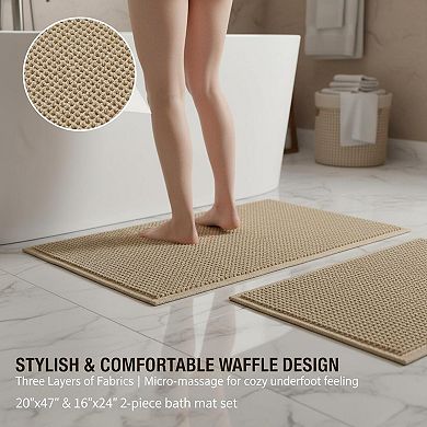 2 Piece Waffle Bath Mat Set Non Slip Ultra Absorbent Soft Washable for Bathroom Kitchen