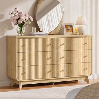 55" Fluted Dresser with Base Arch Design, 6-Drawer Boho Chest with Gold Handles, Oak