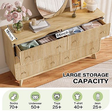 55" Fluted Dresser with Base Arch Design, 6-Drawer Boho Chest with Gold Handles, Oak