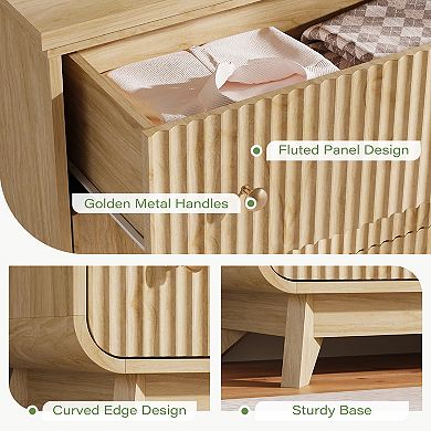 55" Fluted Dresser with Base Arch Design, 6-Drawer Boho Chest with Gold Handles, Oak