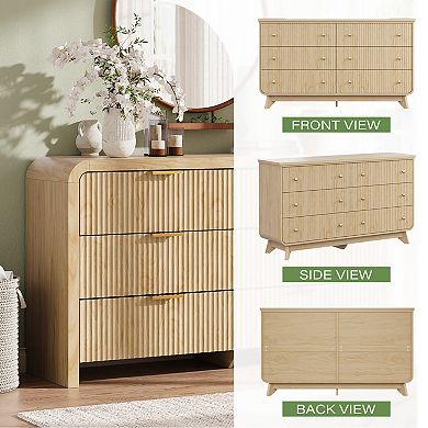 55" Fluted Dresser with Base Arch Design, 6-Drawer Boho Chest with Gold Handles, Oak
