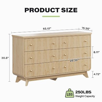 55" Fluted Dresser with Base Arch Design, 6-Drawer Boho Chest with Gold Handles, Oak