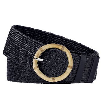 Women's Straw Rattan Round Buckle Elastic Boho Wide Waistband for Dress