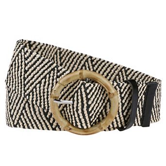 Women's Straw Rattan Round Buckle Elastic Boho Wide Waistband for Dress