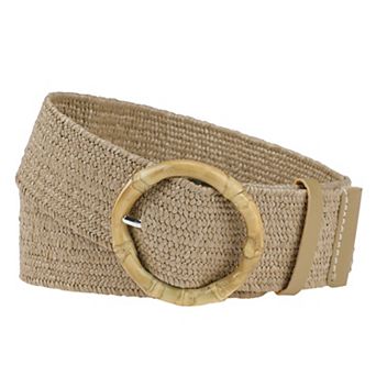 Women's Straw Rattan Round Buckle Elastic Boho Wide Waistband for Dress