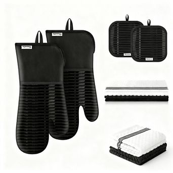 Oven gloves, pot pads, kitchen towels, and dishcloth set