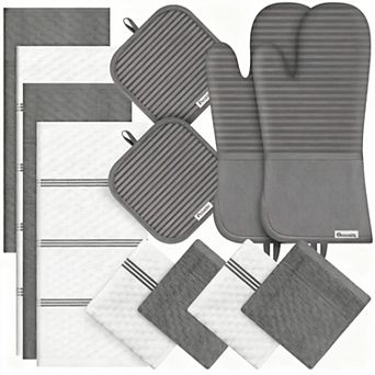 Oven gloves, pot pads, kitchen towels, and dishcloth set