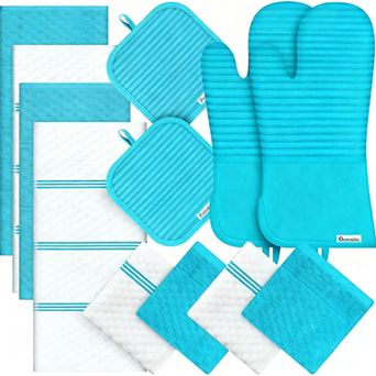 Oven gloves, pot pads, kitchen towels, and dishcloth set