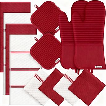 Oven gloves, pot pads, kitchen towels, and dishcloth set
