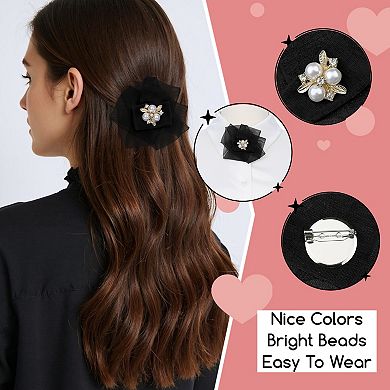 Women's Mesh Flower Brooch Pin Collar Bow Ties with Beads for Shirts