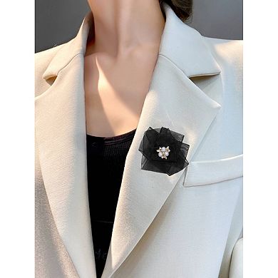 Women's Mesh Flower Brooch Pin Collar Bow Ties with Beads for Shirts