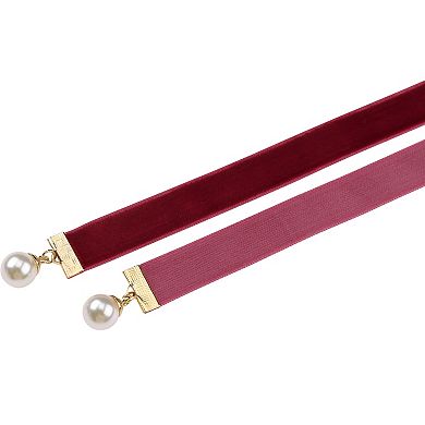 Women's Ribbon Velvet Long Double Layer Hand Tied Bow Tie with Beads 52.8×0.6''