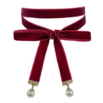 Women's Ribbon Velvet Long Double Layer Hand Tied Bow Tie with Beads 52.8×0.6''
