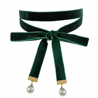 Women's Ribbon Velvet Long Double Layer Hand Tied Bow Tie with Beads 52.8×0.6''