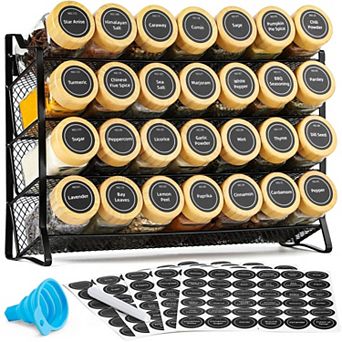 4 tier Spice Rack with 28 Clear Jars, Funnel, Labels for Kitchen