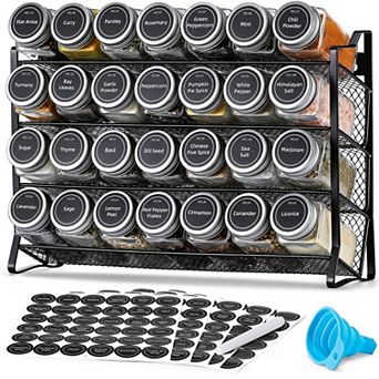 4 tier Spice Rack with 28 Clear Jars, Funnel, Labels for Kitchen