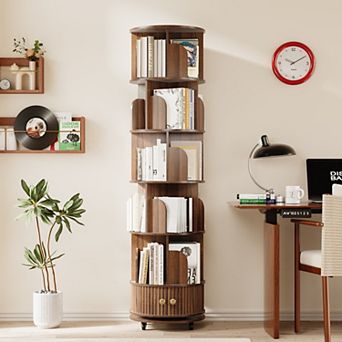 6 tier Rotating Bookshelf with Square Cabinet, 360° Spinning Round Bookcase, Walnut
